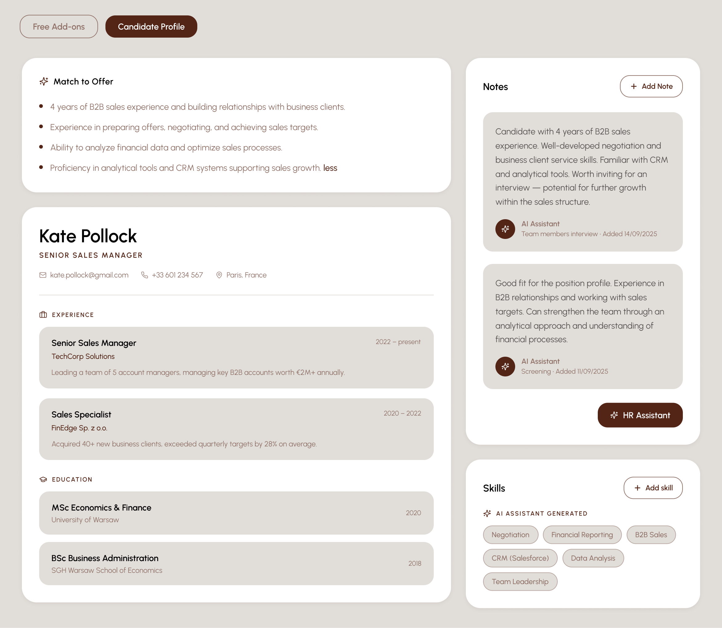Candidate profile with AI-generated match summary, notes, and skills