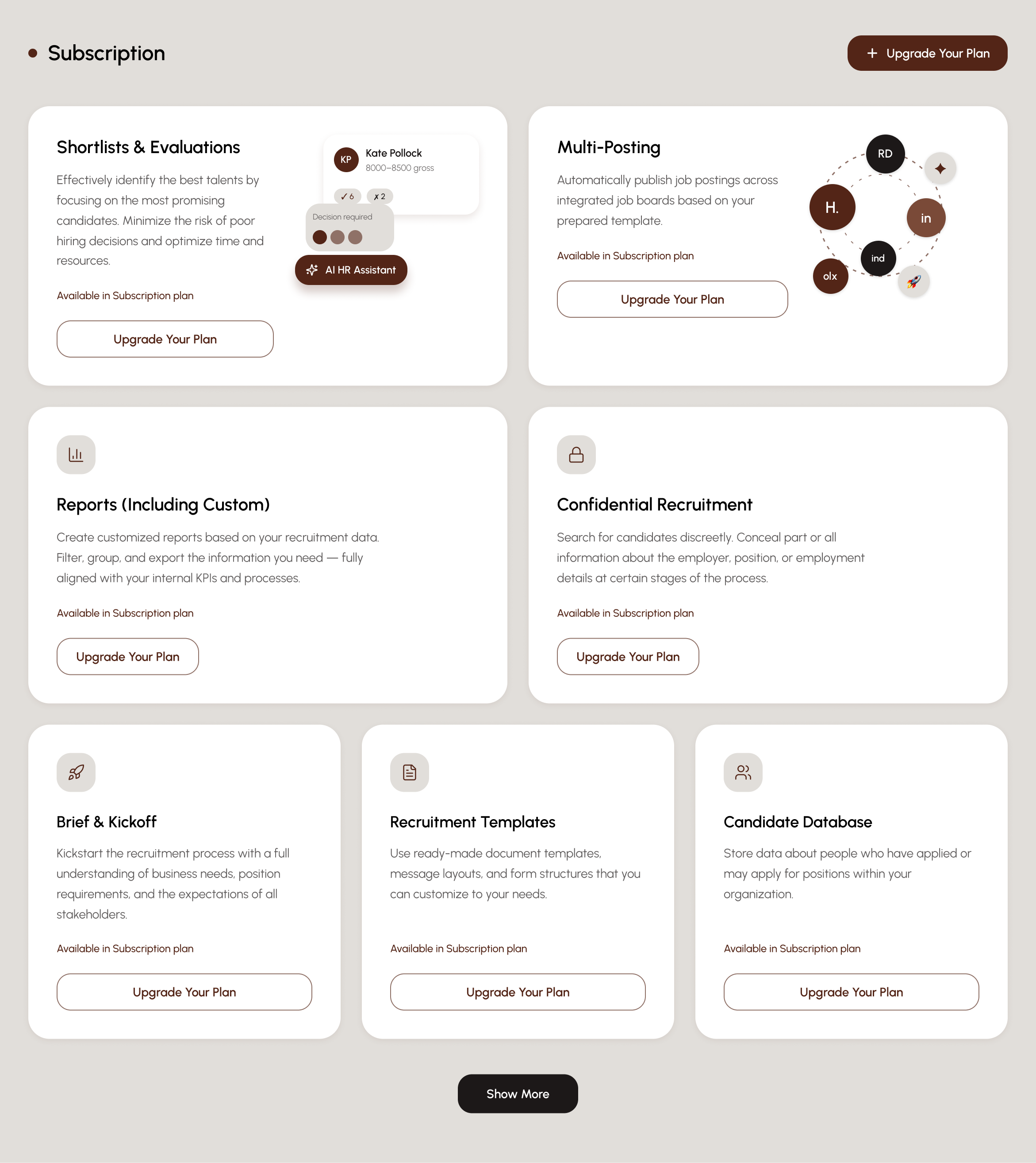 Subscription upsell screen - feature cards prompting an upgrade