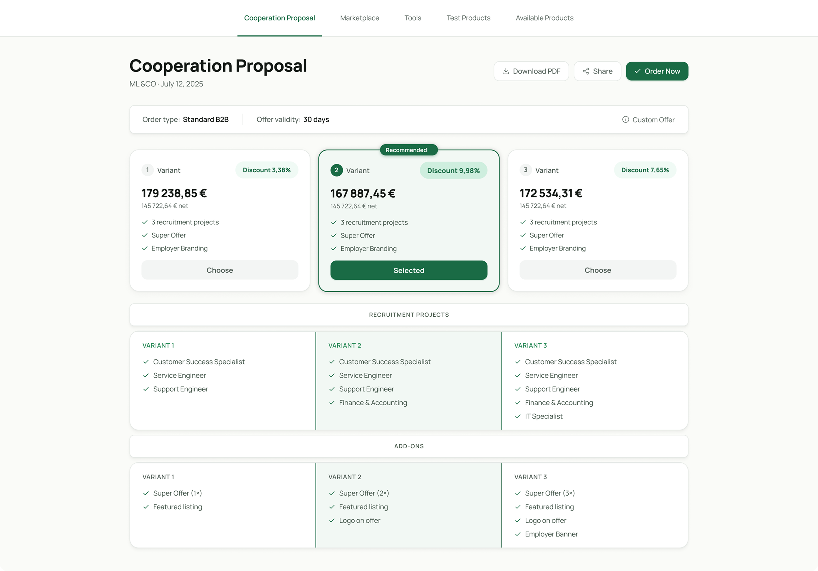 Cooperation Proposal - three offer variants with discounts and recommendations