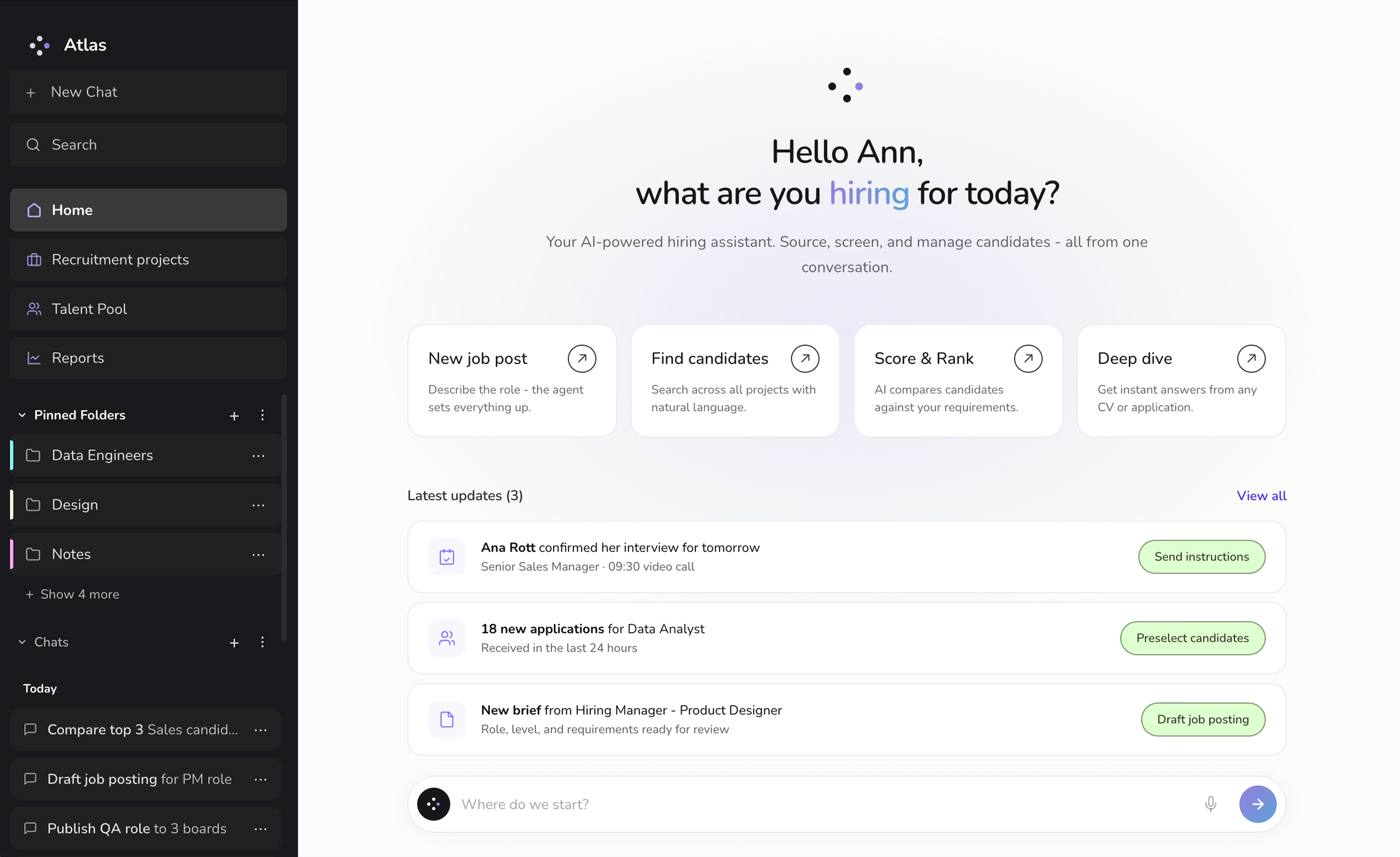 Atlas ATS interface with Home screen, agent shortcuts, and latest updates