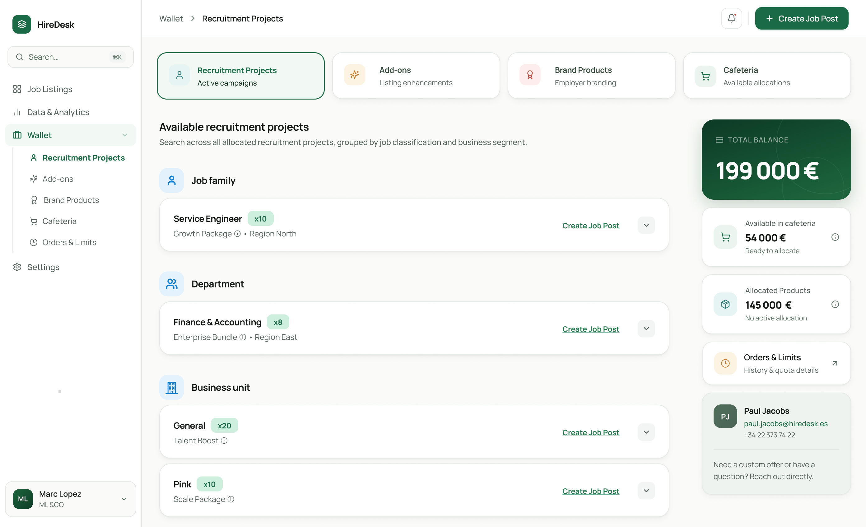 Recruitment Projects - wallet and budget overview