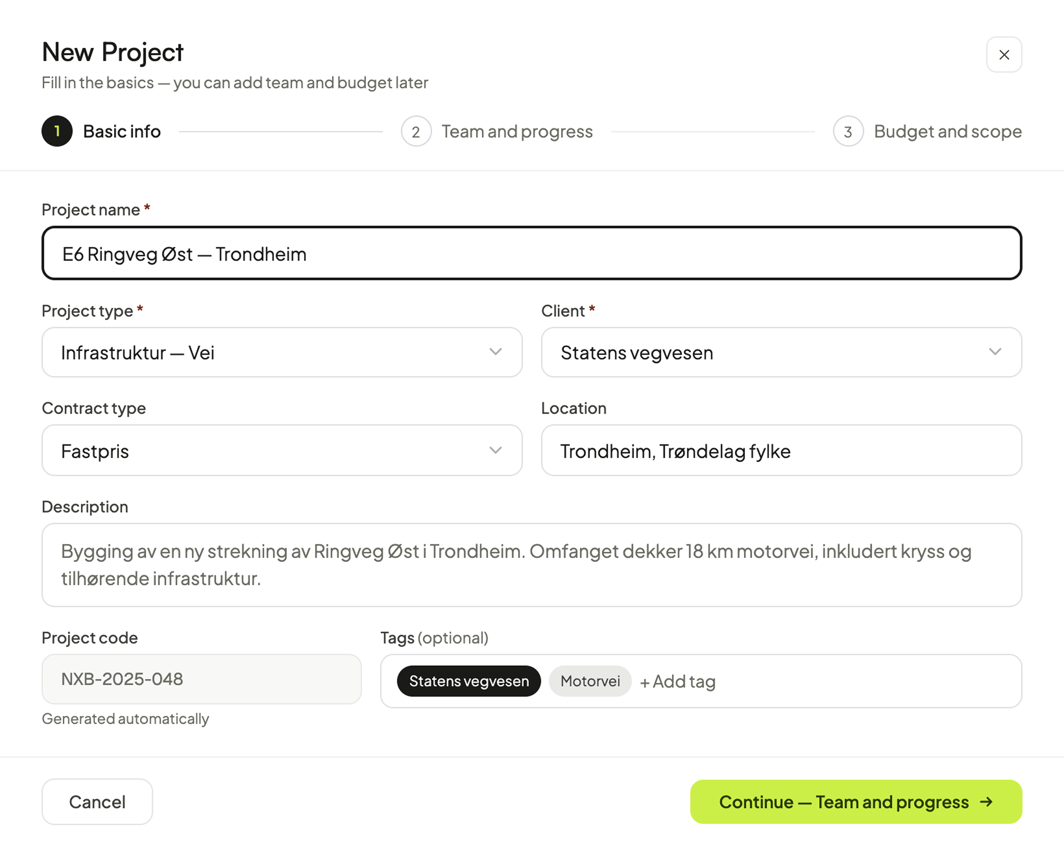New Project wizard - Basic info step